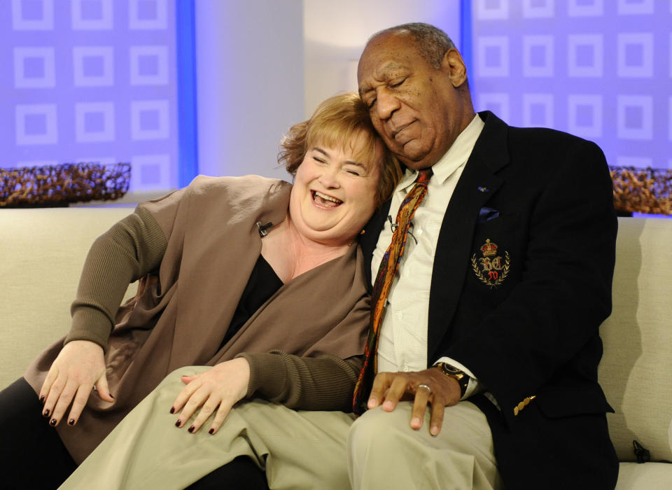 In this image released by NBC, singing sensation Susan Boyle, left, cuddles with actor-comedian Bill Cosby during an appearance on the "Today" show, Wednesday, Nov. 2, 2011 in New York. (AP Photo/NBC, Peter Kramer)