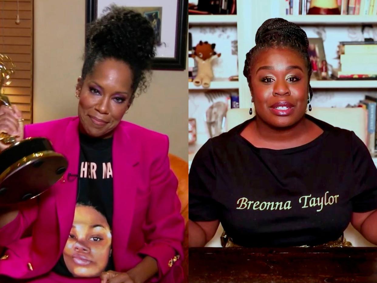 Regina King and Uzo Aduba wear Breonna Taylor T-shirts at the 2020 Emmy Awards (AFP PHOTO / American Broadcasting Companies, Inc. )