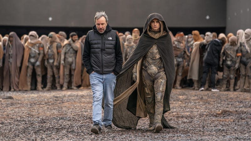 Denis Villeneuve and Timothée Chalamet on the set of Dune: Part Two