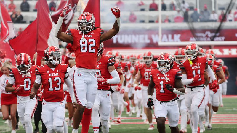 The Utah Utes take the field against Oregon in Salt Lake City on Saturday, Oct. 28, 2023. Oregon won 35-6.