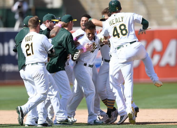 Khris Davis came through for the Athletics on Sunday. (Getty Images/Thearon W. Henderson) 