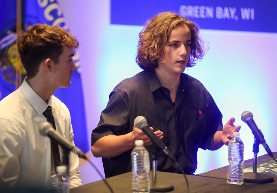 Green Bay Preble junior Mason Kanselberger speaks during a panel discussion on Friday at LiveX in the Rail Yard Innovation District in Green Bay, where first lady Jill Biden was speaking to draw attention to efforts to expand career-oriented learning in high school and college.