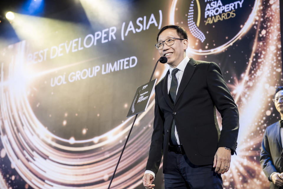 Group Chief Executive Liam Wee Sin receiving the Best Developer (Asia) award at the PropertyGuru Asia Property Awards Grand Final 2019