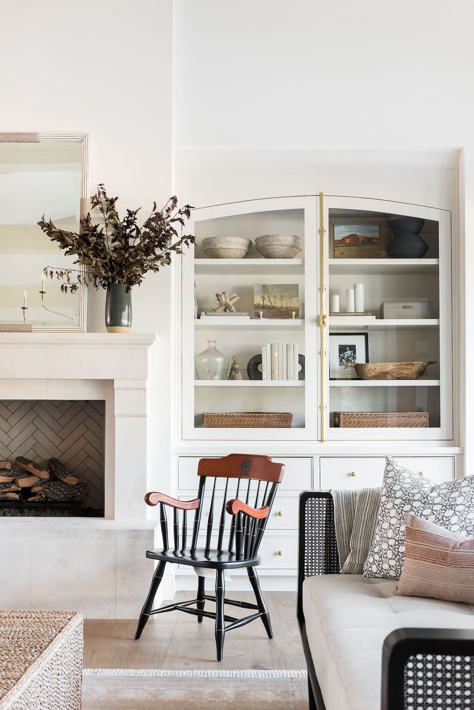 a living room with a fireplace