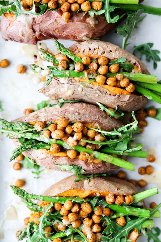 Stuffed Sweet Potatoes with Chickpeas, Asparagus, and Arugula