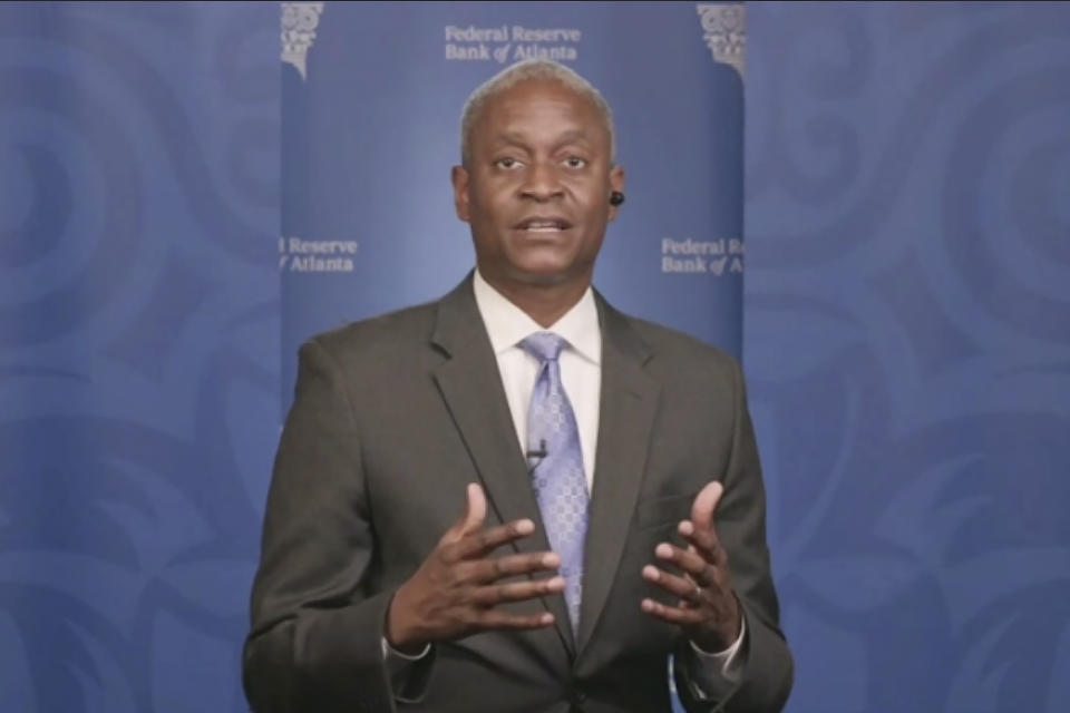 FILE - In this image taken from video, Atlanta Federal Reserve Bank President Raphael Bostic speaks from Atlanta during a webinar sponsored by the 12 regional Fed banks to address the lack of racial disparity in the field of economics, April 13, 2021. (AP Photo/File)