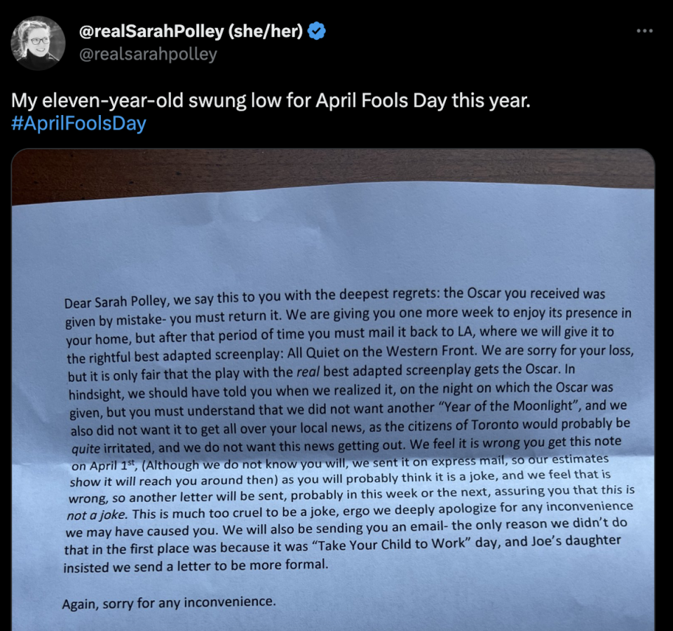 Sarah Polley’s child played a brilliant April Fools’ Day prank on the ‘Women Talking’ director (Twitter)