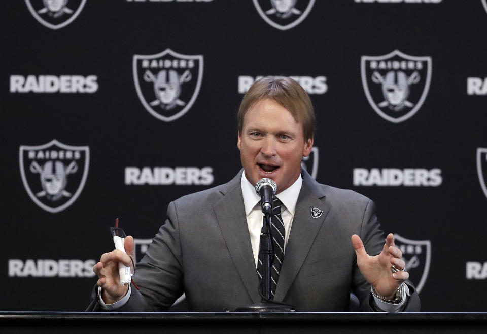 Oakland Raiders new head coach Jon Gruden welcomed his son Deuce onto his new staff. (AP)