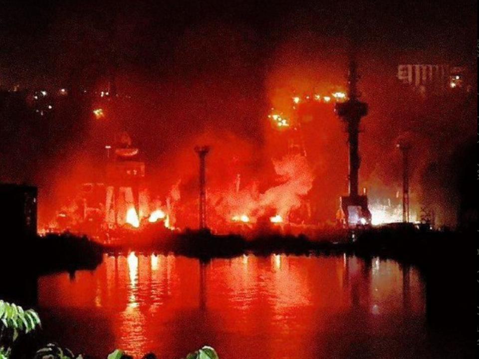 A landing ship and a Russian submarine on fire in Sevastopol’s shipyard seen in a photo shared on September 13, 2023, by investigative outlet Rucrimal Info on their Telegram account.