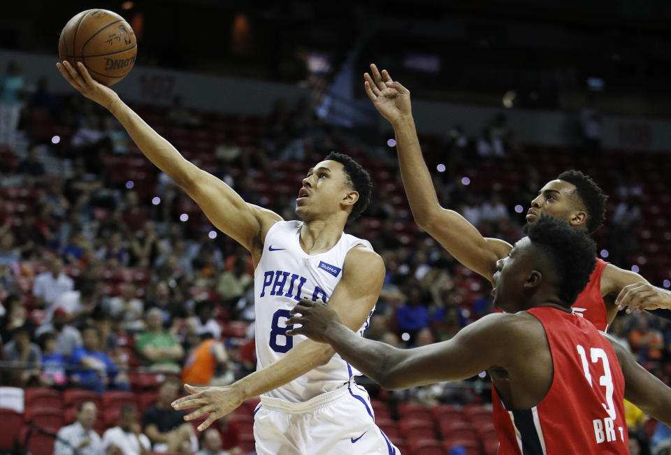 Zhaire Smith goes to the basket during summer league in Las Vegas. (AP)