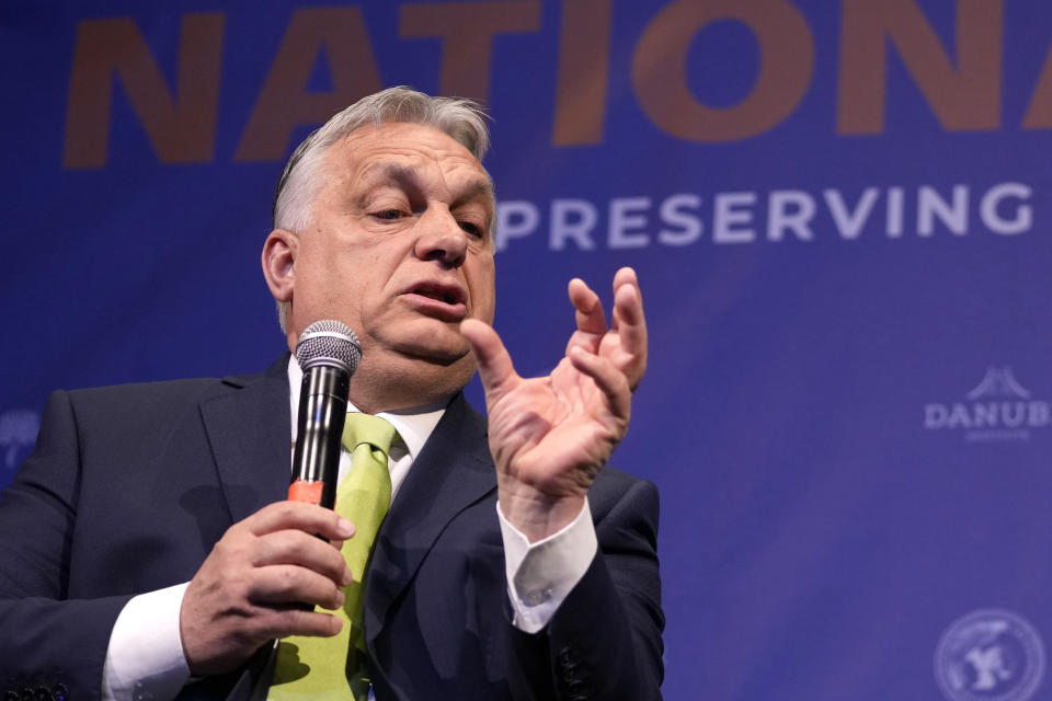 Hungary's Prime Minister Viktor Orban speaks during the National Conservatism conference in Brussels, Wednesday, April 17, 2024. (AP Photo/Virginia Mayo)