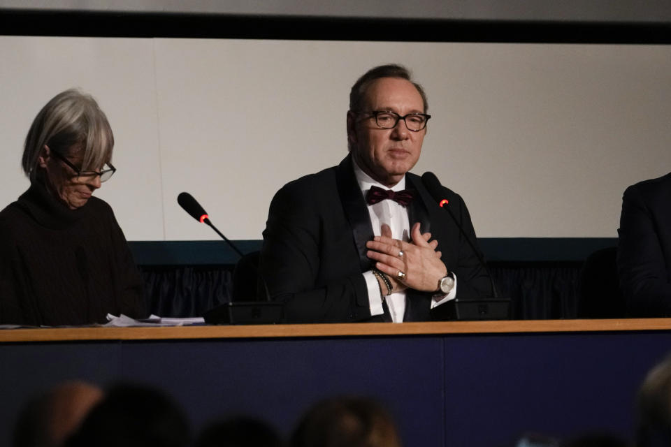 Actor Kevin Spacey talks at Cinema Massimo in Turin, Italy, Monday, Jan. 16, 2023. Kevin Spacey was in the northern Italian city of Turin on Monday to receive the lifetime achievement award, teach a master class and introduce a screening of the 1999 film "American Beauty." (AP Photo/Luca Bruno)