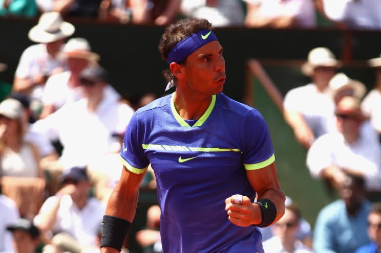 Rafael Nadal celebrates after scoring a point against Stan Wawrinka in the 2017 French Open finals. Nadal went on to win the match for his tenth Roland Garros title. (Getty Images)