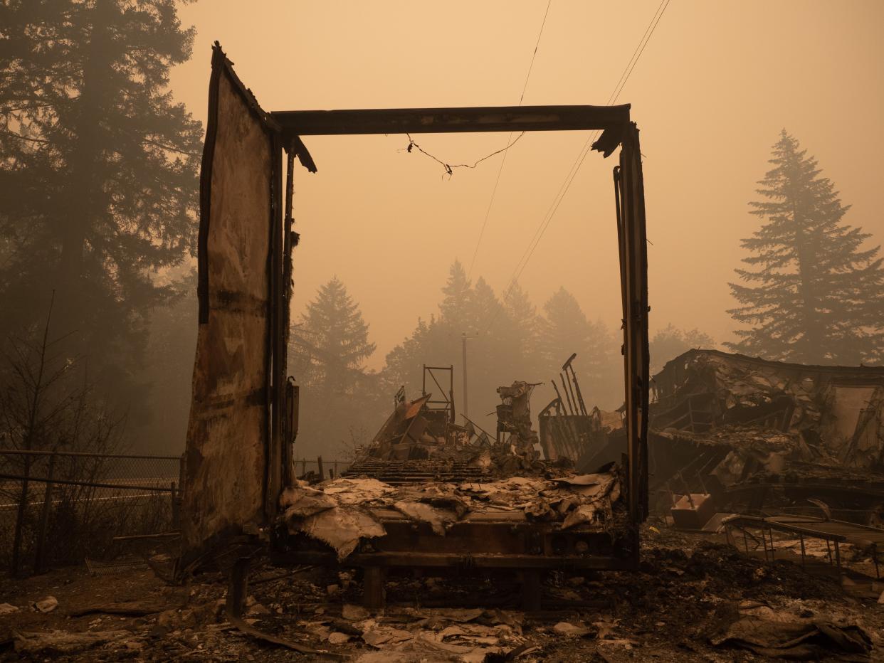 Images from Gates School and the former Beachie Creek Fire incident command post that was burned and forced to evacuate after new fires started on downed power lines in September 2020.