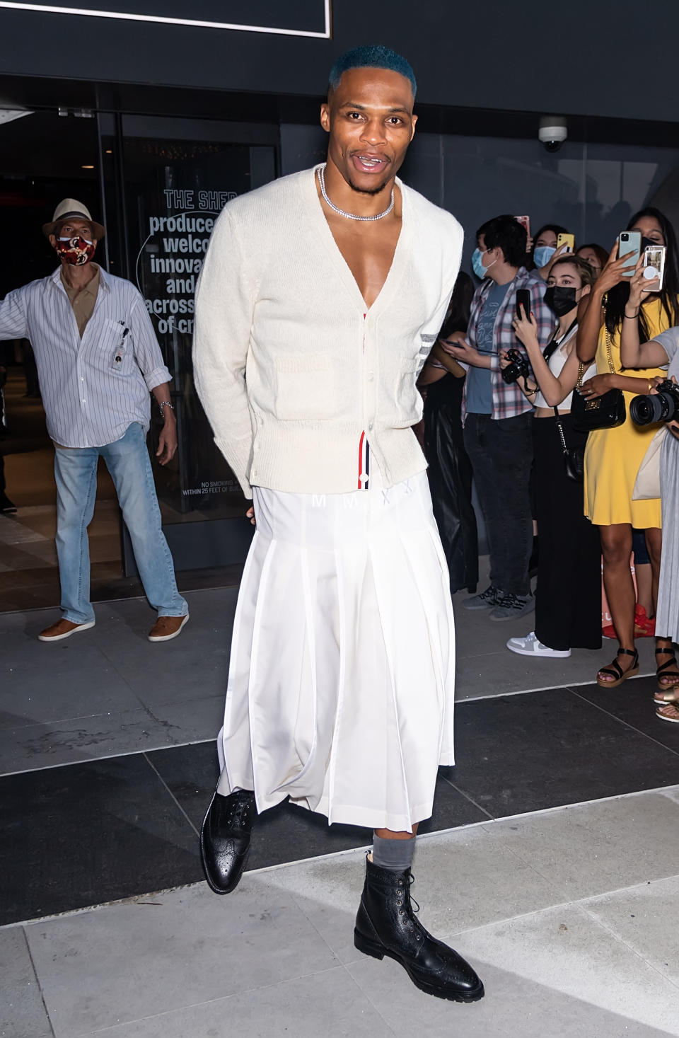 NEW YORK, NEW YORK - SEPTEMBER 11:  Russell Westbrook is seen leaving the Thom Browne Spring 2022 Collection during New York Fashion Week at The Griffin Theatre at The Shed on September 11, 2021 in New York City. (Photo by Gilbert Carrasquillo/GC Images)