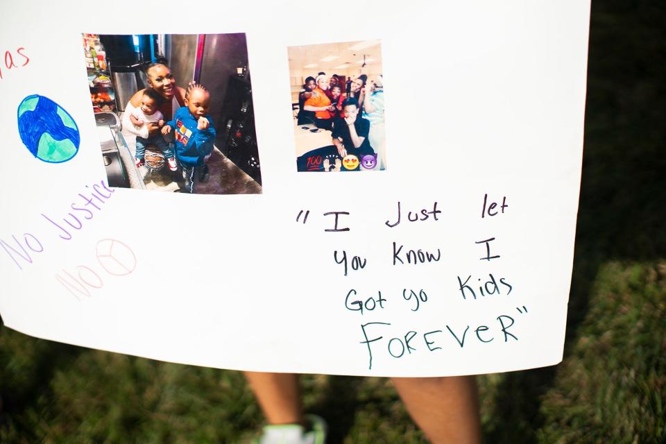 Aug 25, 2023; Columbus, OH, USA; Friends, family and activists gathered to protest the shooting of 21-year-old Ta'Kiya Young, who was shot and killed by Blendon Twp. police outside the Sunbury Road Kroger on Thursday. Ta'Kiya was pregnant with a girl and due in November, according to family.