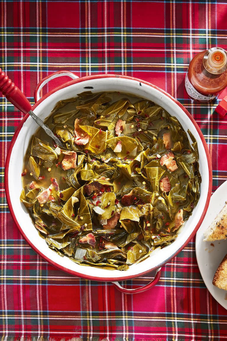 <p>Who says greens have to be boring? These dark, leafy veggies not only work beautifully with any Christmas color palette, but they're also loaded with flavorful garlic and crispy bacon.</p><p><strong><a href="https://www.countryliving.com/food-drinks/recipes/a45271/braised-greens-recipe/" rel="nofollow noopener" target="_blank" data-ylk="slk:Get the recipe;elm:context_link;itc:0;sec:content-canvas" class="link ">Get the recipe</a>.</strong> </p>