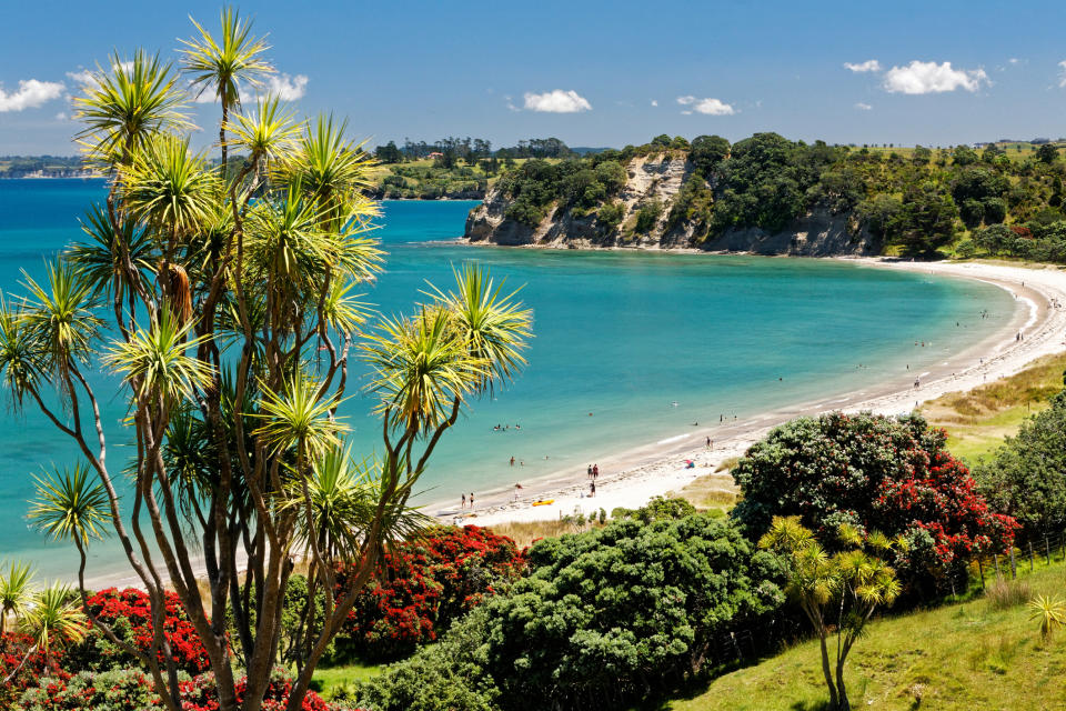 Scenic view of a beach with people, surrounded by cliffs and lush greenery