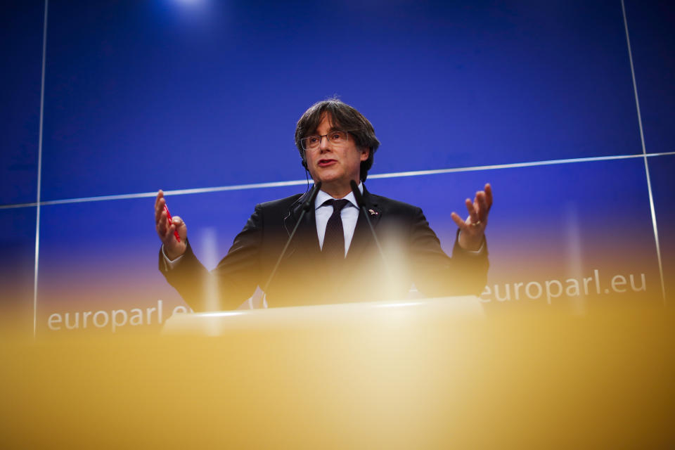 Member of European Parliament Carles Puigdemont speaks during a media conference at the European Parliament in Brussels, March 9, 2021. Spain’s Parliament has approved a controversial amnesty bill aimed at forgiving crimes — both proved and alleged — committed by Catalan separatists during a chaotic attempt to hold an independence referendum six years ago. The secession crisis erupted in 2017, when a regional administration led by Puigdemont staged a referendum on independence, defying orders from the national government and a ruling from Spain's top court that doing so violated the constitution. (AP Photo/Francisco Seco, File)