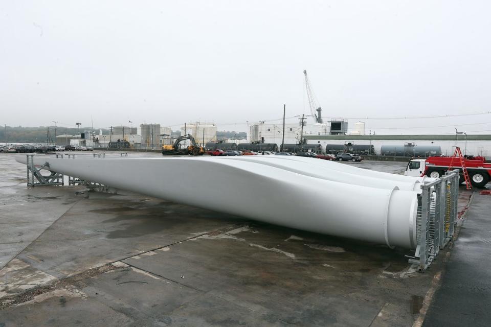 Blades for new wind turbines at the Port of Providence in October. South Quay in East Providence seeks to join ProvPort and Quonset's Davisville port as a turbine staging area for the expanding wind industry.