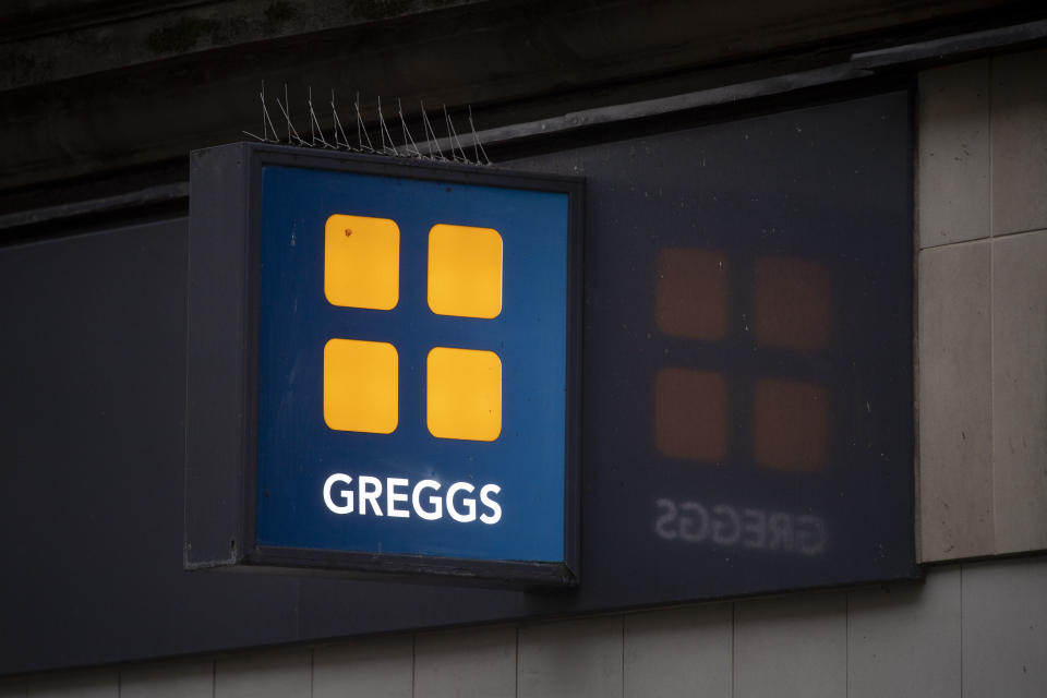 CARDIFF, WALES - NOVEMBER 16: A close-up of a Greggs store sign on November 16, 2020 in Cardiff, Wales. Many UK businesses are announcing job losses due to the effects of the coronavirus pandemic and lockdown. (Photo by Matthew Horwood/Getty Images)