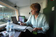 Clare Balding, part of the commentary team at Wimbledon for Radio 5 Live, in the commentary box overlooking Wimbledon Centre Court. (Photo by Jeff Overs/BBC News & Current Affairs via Getty Images)