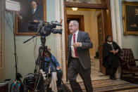File - In this Jan. 21, 2020, file photo, Sen. Jim Risch, R-Idaho, leaves the Senate chamber during the impeachment trial of President Donald Trumpat the Capitol in Washington. The seven House Democratic impeachment managers have used long speeches to explain why President Donald Trump should be removed from office. Republican senators sitting through their chamber's trial largely considered Democrats' arguments tedious and unpersuasive. (AP Photo/J. Scott Applewhite, File)