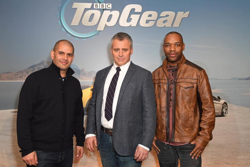 Matt LeBlanc, Chris Harris, Rory Reid, The Stig and Aurora Mulligan at the Top Gear preview launch of series 25 in London, England. (KGC-143/STAR MAX/IPx)