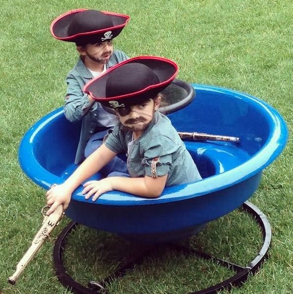 Celine Dion and René Angélil’s 5-year-old twins, Nelson and Eddy, had what mom called a “dress rehearsal” of their pirate costumes in their backyard. Not a bad choice for the diva’s second Instagram post ever. (Instagram)