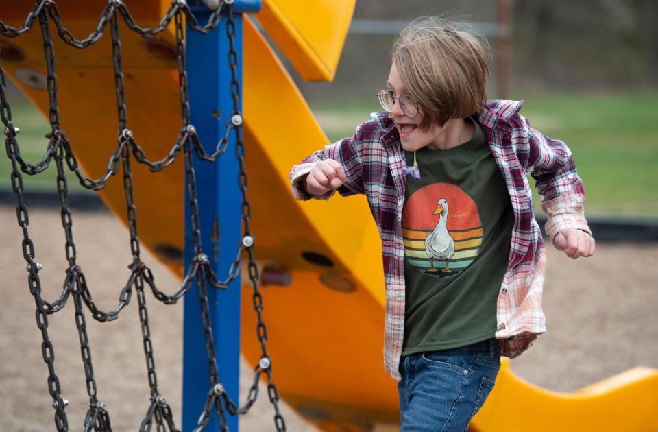 Silas Guess plays tag on the playground for the last time this school year at Oakdale Elementary School in Boonville, Ind., Wednesday, March 8, 2023. Guess was saying goodbye to his classmates before heading to Cincinnati Children's Hospital for a TPIAT- Total Pancreatectomy with Islet Auto Transplantation where he will spend 10 -14 weeks in recovery. The fourth grader was diagnosed with chronic pancreatitis, a very rare disease in children, in April 2020. He was also diagnosed with Carnitine Deficiency, Nephrocalcinosis, Autosomal Dominant Polycystic Kidney Disease, and Focal Epilepsy and was approved for the surgery in August.