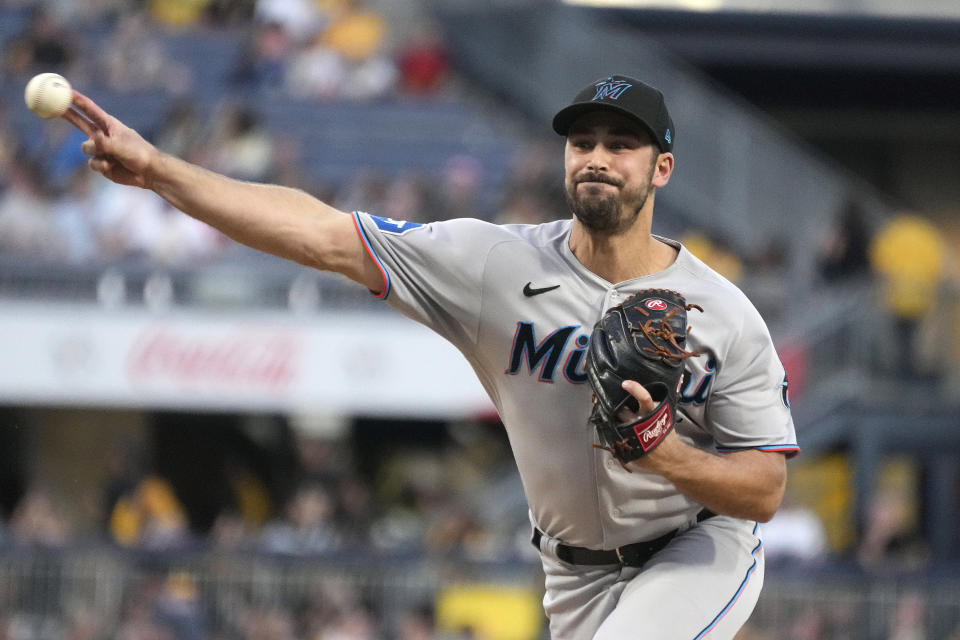 Miami Marlins starting pitcher JT Chargois delivers during the first inning of a baseball game against the Pittsburgh Pirates in Pittsburgh, Saturday, Sept. 30, 2023. (AP Photo/Gene J. Puskar)