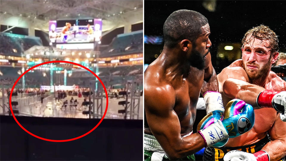 One fan's view (pictured left) from a $750 seat at the Hard Rock Stadium of Logan Paul and Floyd Mayweather (pictured right).