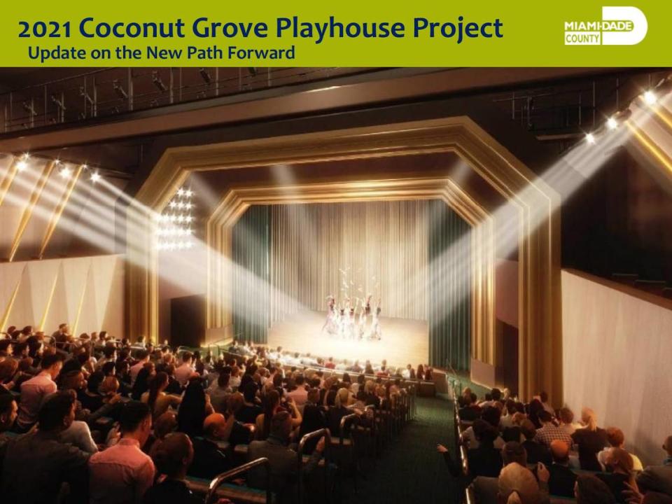 The first page of a modified Miami-Dade County plan for revamping the Coconut Grove Playhouse displays a rendering of a planned new 300-seat theater’s auditorium, which would use the original double proscenium arch around the stage.