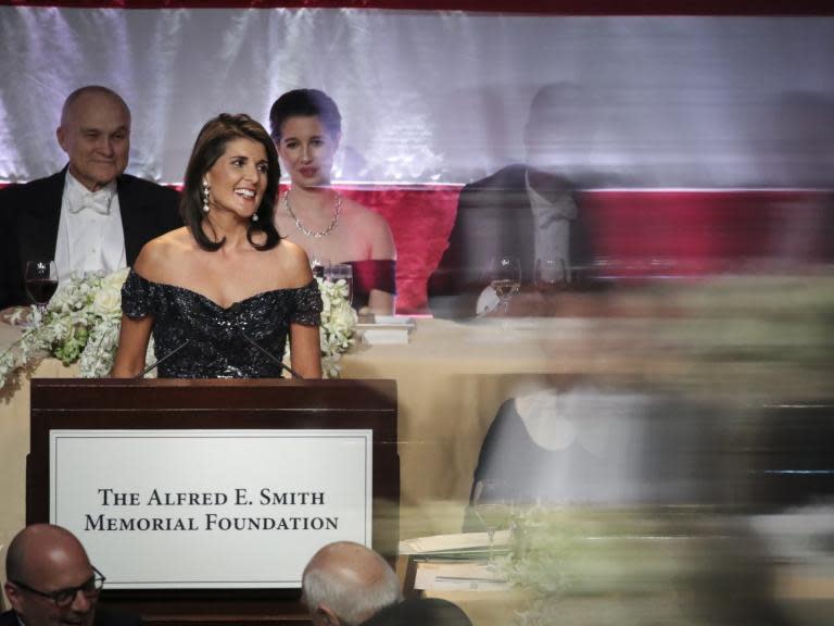 Nikki Haley mocks Trump for UN laughter and Elizabeth Warren controversy in dinner speech