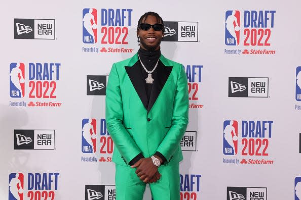 NBA Draft prospect Tari Eason arrives at the arena before the 2022 NBA Draft on June 23, 2022 at Barclays Center in Brooklyn, New York.