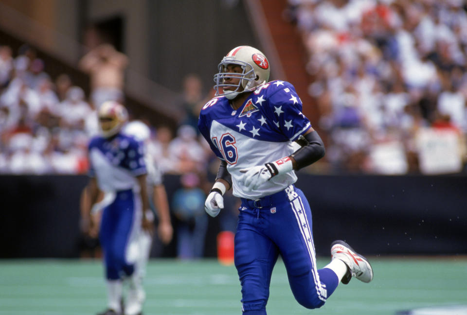 HONOLULU, HI - FEBRUARY 5:  San Francisco 49ers safety Tim McDonald #46 of the NFC team runs on the field during the 1995 NFL Pro Bowl at Aloha Stadium on February 5, 1995 in Honolulu, Hawaii.  The AFC defeated the NFC 41-13.  (Photo by George Rose/Getty Images)