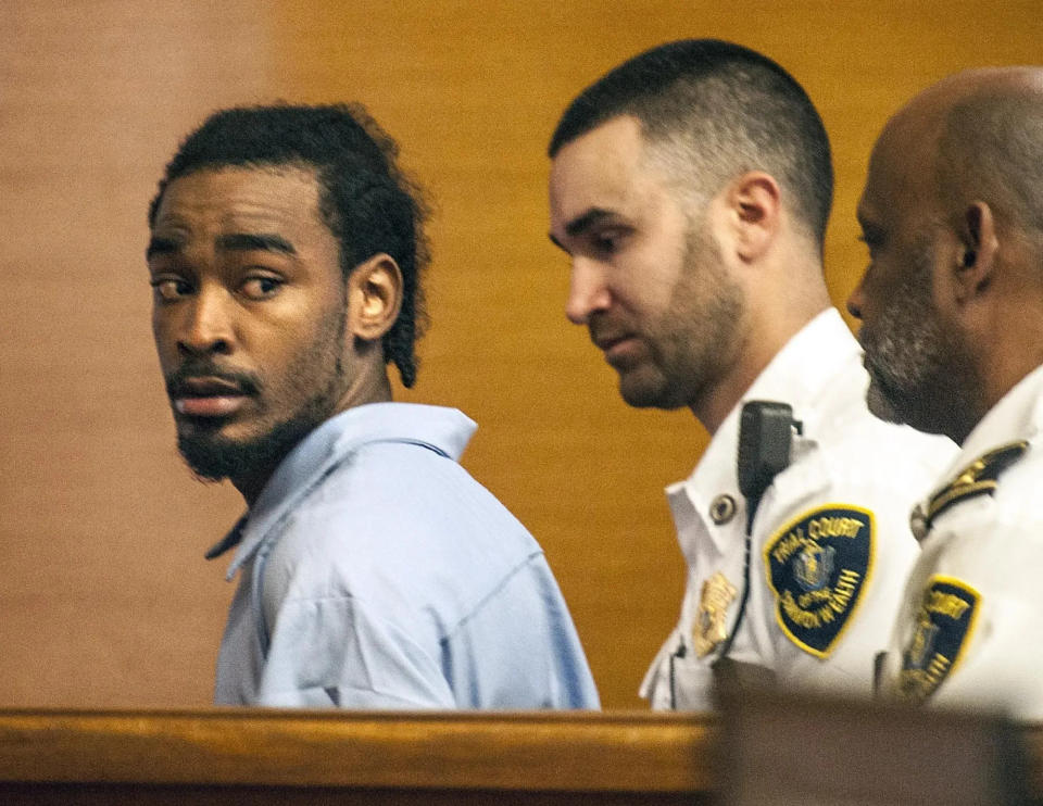 Christopher McKoy is shown at his Framingham District Court arraignment in October 2019. He is charged with fatally stabbing his girlfriend, Jamia Ammons-Maddrey.