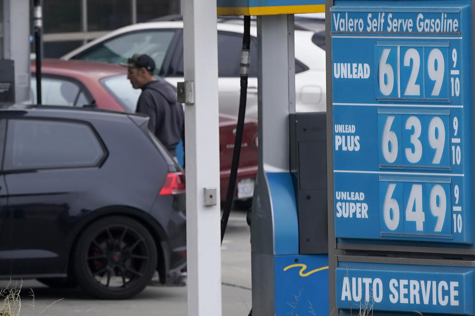 FILE - A gasoline price board is displayed at a gas station in San Francisco, Tuesday, July 19, 2022. California Gov. Gavin Newsom, on Friday, Sept. 30, 2022, directed state regulators to let oil refineries switch to a winter gasoline blend earlier than normal in an effort to lower soaring gas prices. He also called on the Legislature to pass a new windfall tax on oil industry profits. (AP Photo/Jeff Chiu, File)