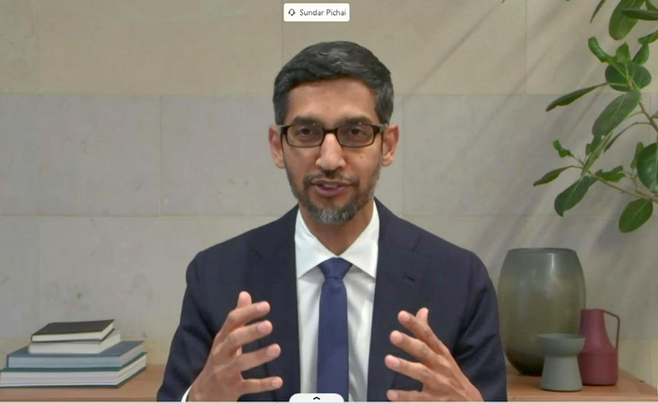 Sundar Pichai, CEO of Google's Alphabet Inc., is seen as he testifies remotely during a Senate Commerce, Science and Transportation hearing to discuss "reforming Section 230 of the Communications Decency Act," which protects internet companies, on Capitol Hill in Washington, U.S., October 28, 2020.  U.S. Senate Committee on Commerce, Science and Transportation/Handout via REUTERS