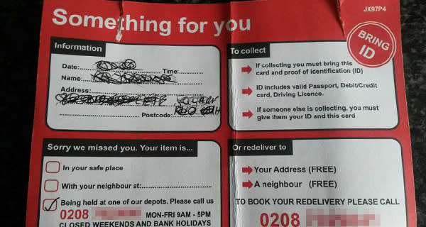 A picture of one of the fake delivery cards, which do not feature the Royal Mail logo (Action Fraud)