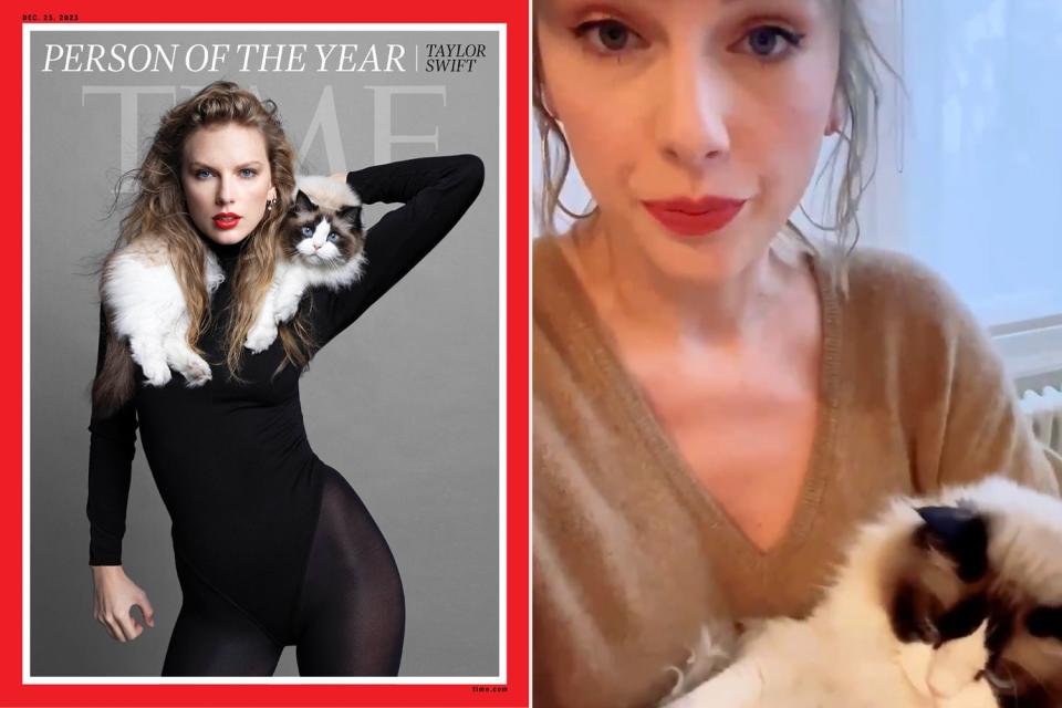 <p>Inez and Vinoodh for TIME; Taylor Swift/X</p> Taylor Swift on the cover of Time as the 2023 Person of the Year, with her cat Benjamin Button (L); Taylor Swift and Benjamin Button.