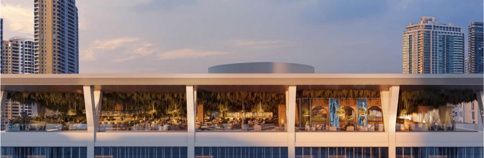 A rendering shows the rooftop Villa One Tequila Gardens at Miami Worldcenter from the outside.