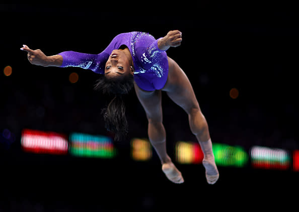 ANTWERP, BELGIUM – OCTOBER 08: Simone Biles of The United States of America performs her Floor routine during the Women’s Floor final during Day Nine of the 2023 Artistic Gymnastics World Championships on October 08, 2023 in Antwerp, Belgium. (Photo by Naomi Baker/Getty Images)