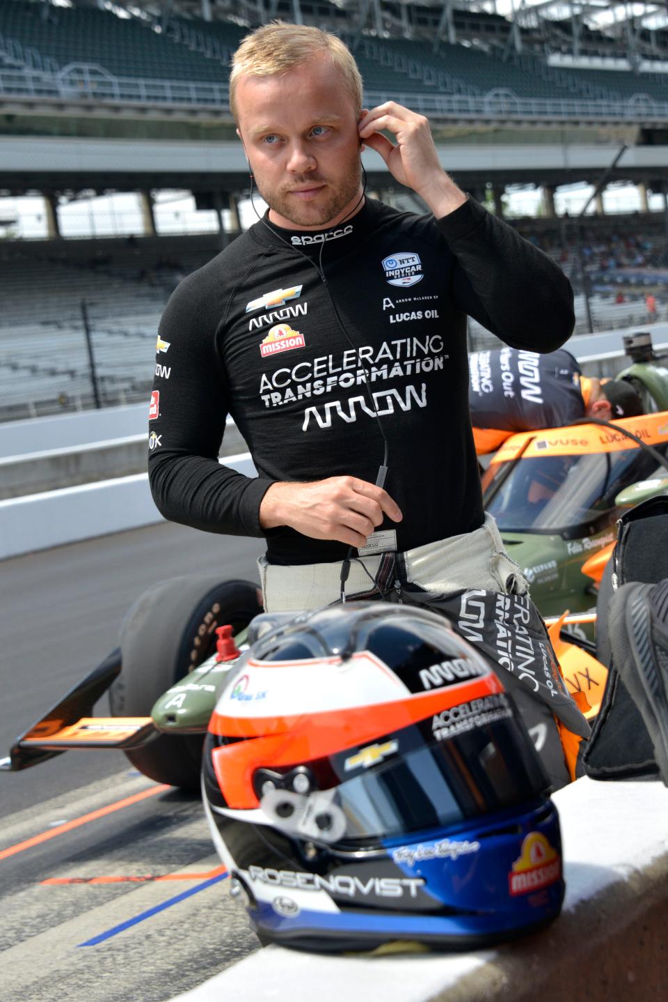 Arrow McLaren SP driver Felix Rosenqvist (7) gets ready by his pit box Tuesday, May 17, 2022, during the first day of Indianapolis 500 practice at Indianapolis Motor Speedway. 