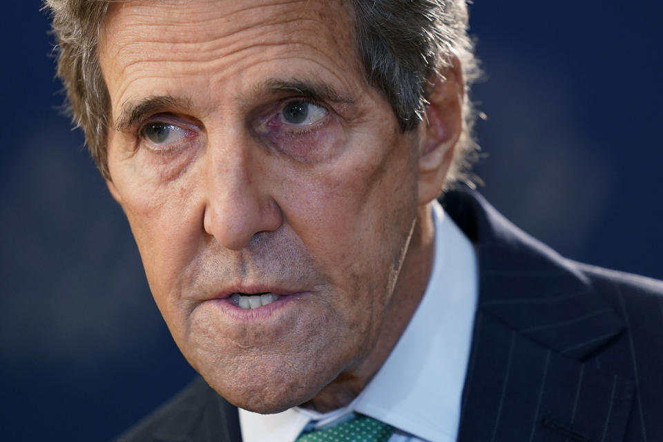 John Kerry, United States Special Presidential Envoy for Climate, speaks during an interview with The Associated Press, Wednesday, Oct. 13, 2021, at the U.S. State Department in Washington. (AP Photo/Patrick Semansky)