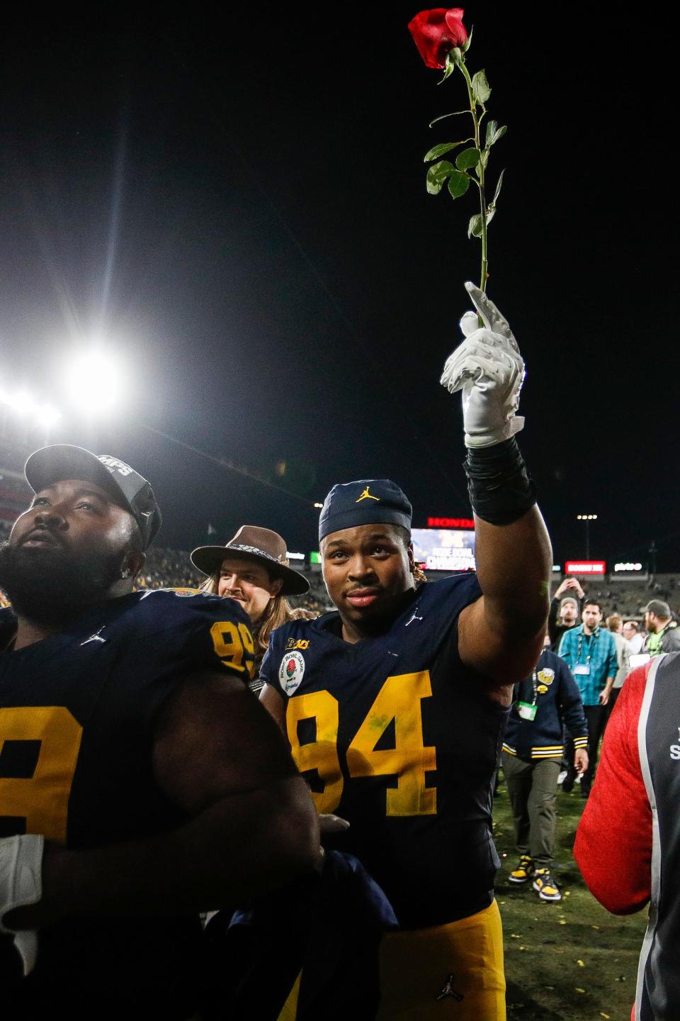 Michigan defensive lineman Kris Jenkins (94) celebrates a 27-20 Rose Bowl win over Alabama at the 2024 Rose Bowl in Pasadena, Calif., on Monday, Jan. 1, 2024.