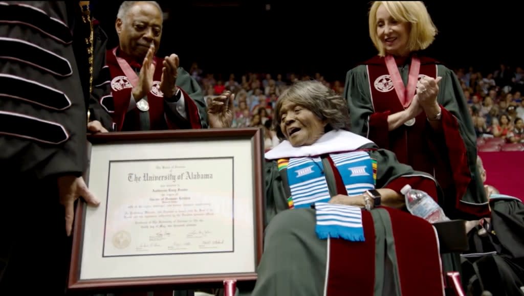 Former University of Alabama student Autherine Lucy Foster, who integrated the school in 1956, receives her honorary doctorate from the school in 2019. (Credit: The University of Alabama on Facebook)