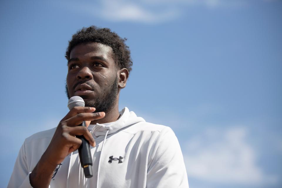 Former NMSU basketball player Shakiru Odunewu speaks during a news conference held by the two former NMSU players and their lawyers on Wednesday, May 3, 2023, at New Mexico State University. The lawsuit alleges that the freshman players were sexually assaulted by older players and the school failed to intervene despite being aware of the assaults.