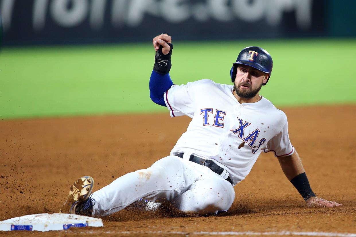 Joey Gallo might slide in standard 5×5, but he’s a fun play in OBP formats (Rick Yeatts/Getty Images)