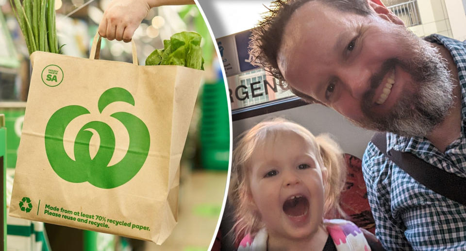 Graham with his daughter on a bus and a picture of a Woolworths paper shopping bag.